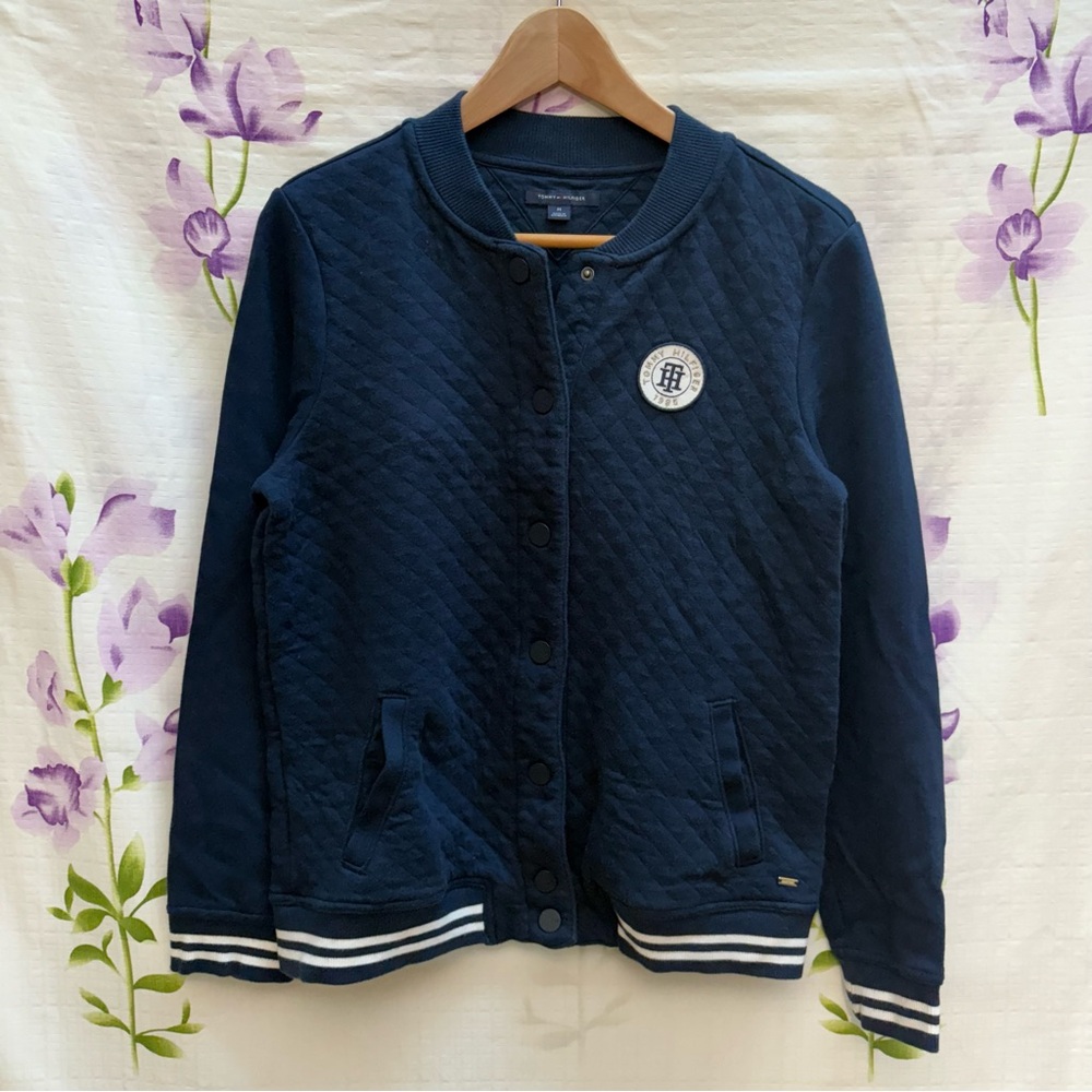 Tommy Hilfiger Navy Quilted Logo Button Sweater Jacket